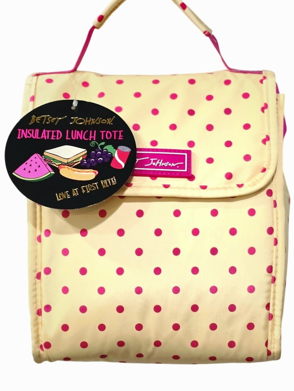 Betsey Johnson Polka Dot Flap Top Insulated Lunch Tote Bag- Yellow/Pink - Picture 2 of 8